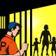 Un prisonnier en garde à vue qui regarde sa famille à travers les barreaux