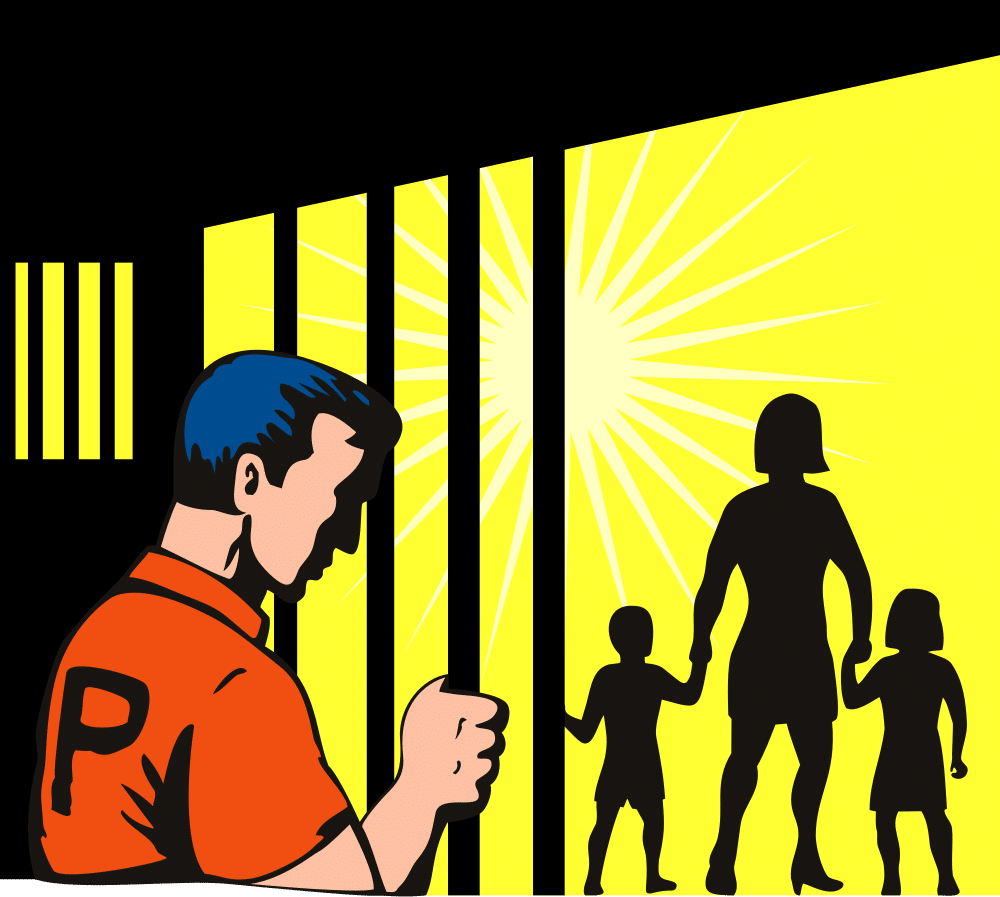 Un prisonnier en garde à vue qui regarde sa famille à travers les barreaux